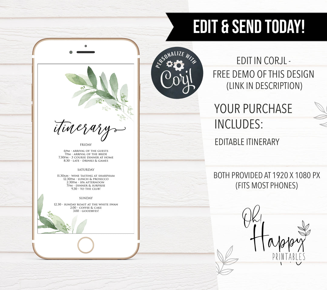 bridal shower itinerary, mobile itinerary, greenery bridal shower invite, mobile invites, editable bridal shower invite, corjl bridal invite, bachelorette party invite