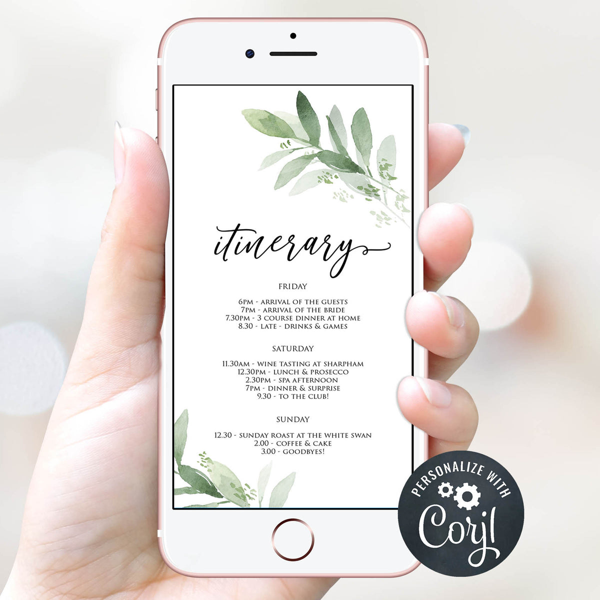 bridal shower itinerary, mobile itinerary, greenery bridal shower invite, mobile invites, editable bridal shower invite, corjl bridal invite, bachelorette party invite