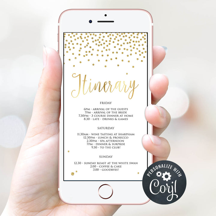 editable bridal shower itinerary, mobile bridal shower itinerary, bachelorette itinerary, gold bridal shower ideas, gold bachelorette ideas