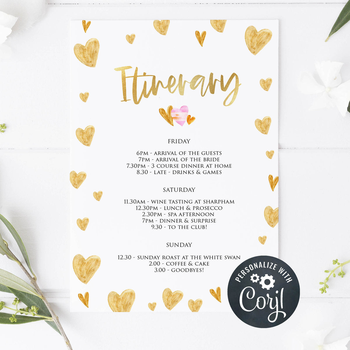 gold hearts bridal shower invitations, printable bridal shower invites, editable bridal shower invitations, bachelorette party invites, hen party invitations