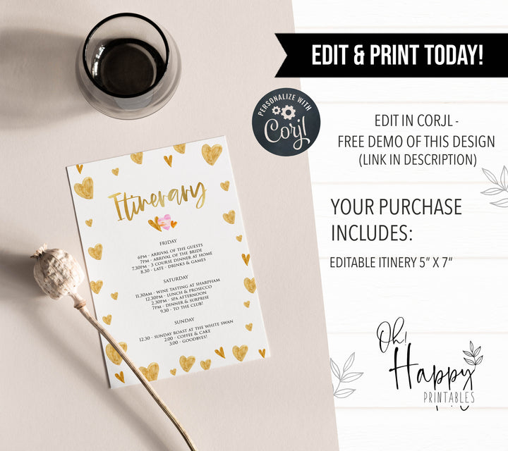 gold hearts bridal shower invitations, printable bridal shower invites, editable bridal shower invitations, bachelorette party invites, hen party invitations
