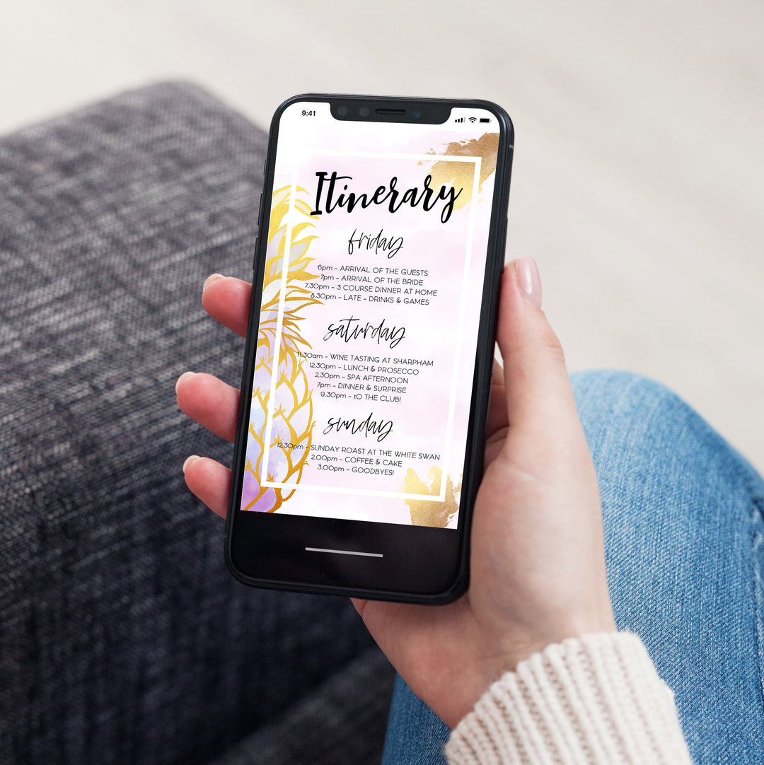 editable bridal shower itinerary, editable bachelorette itinerary, pineapple editable itinerary
