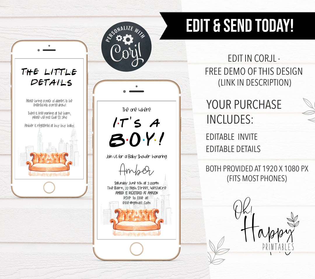 editable its a boy baby shower invite, friends baby shower invitation, baby shower invitations, editable baby shower invite, friends baby shower theme, friends