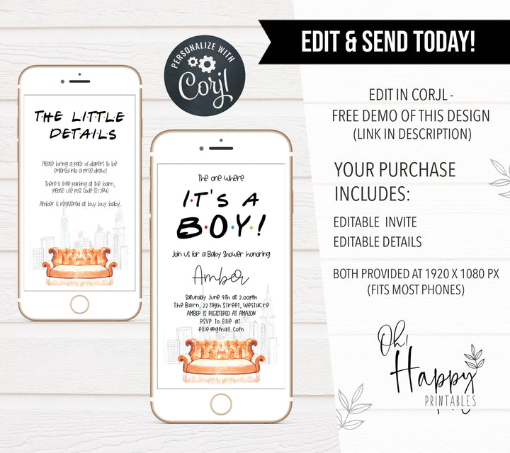 editable its a boy baby shower invite, friends baby shower invitation, baby shower invitations, editable baby shower invite, friends baby shower theme, friends