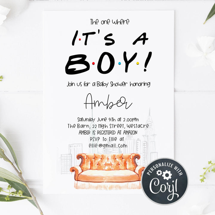 its a boy baby shower invite, friends baby shower invitation, baby shower invitations, editable baby shower invite, friends baby shower theme, friends
