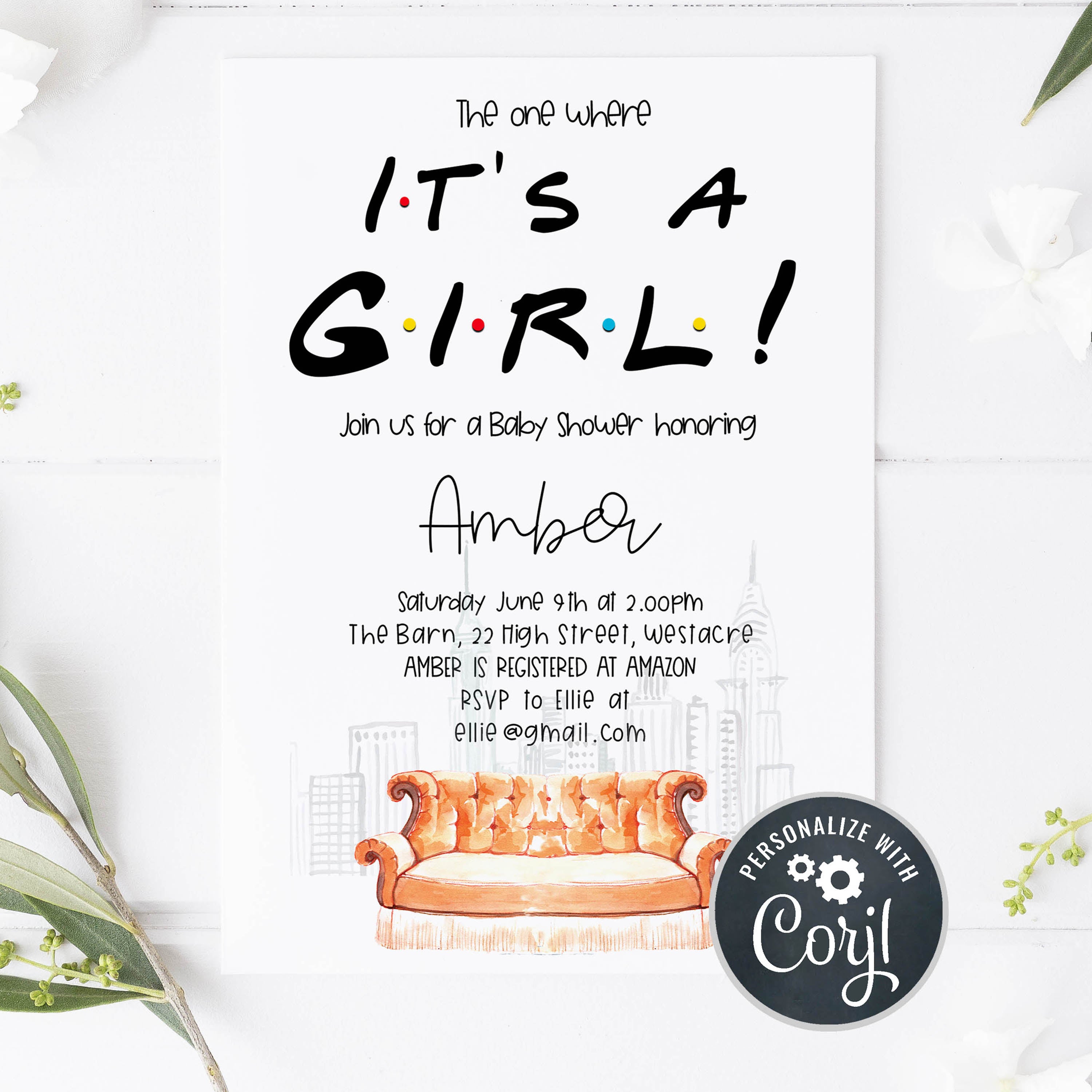 editable its a girl baby shower invite, friends baby shower invitation, baby shower invitations, editable baby shower invite, friends baby shower theme, friends