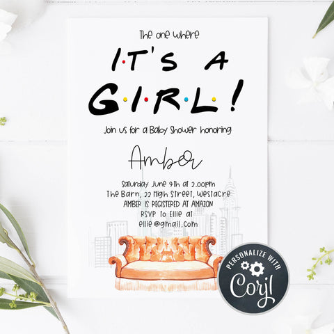 editable its a girl baby shower invite, friends baby shower invitation, baby shower invitations, editable baby shower invite, friends baby shower theme, friends
