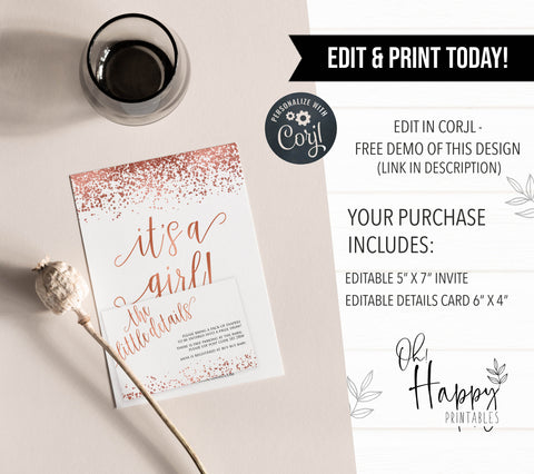 editable rose gold its a girl baby shower games, rose gold baby invitations, printable rose gold baby shower invitations, rose gold baby invites