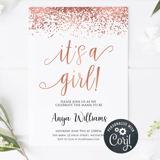 editable rose gold its a girl baby shower games, rose gold baby invitations, printable rose gold baby shower invitations, rose gold baby invites