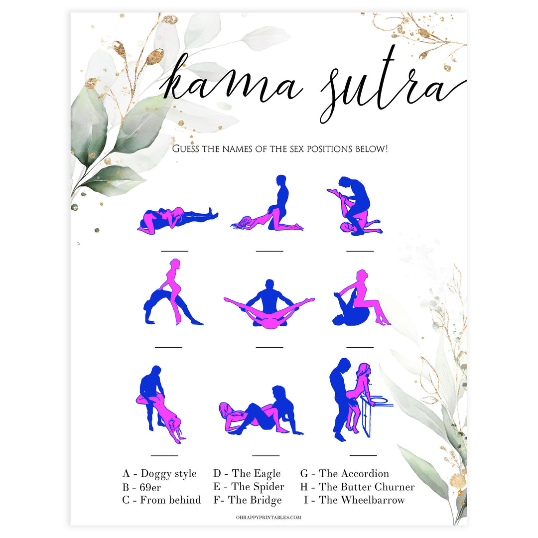 sex position game, kama sutra game, Printable bachelorette games, greenery bachelorette, gold leaf hen party games, fun hen party games, bachelorette game ideas, greenery adult party games, naughty hen games, naughty bachelorette games
