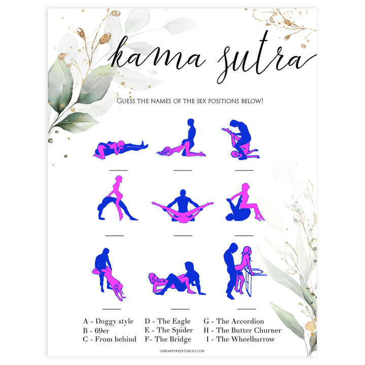 sex position game, kama sutra game, Printable bachelorette games, greenery bachelorette, gold leaf hen party games, fun hen party games, bachelorette game ideas, greenery adult party games, naughty hen games, naughty bachelorette games