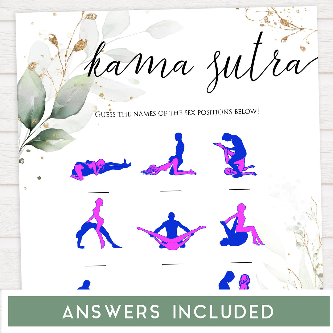 sex position game, kama sutra game, Printable bachelorette games, greenery bachelorette, gold leaf hen party games, fun hen party games, bachelorette game ideas, greenery adult party games, naughty hen games, naughty bachelorette games