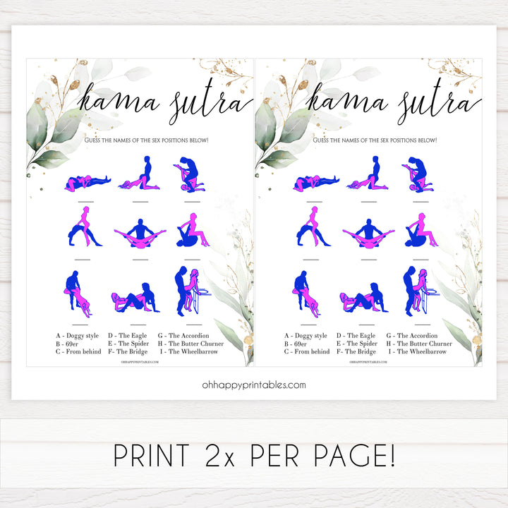 sex position game, kama sutra game, Printable bachelorette games, greenery bachelorette, gold leaf hen party games, fun hen party games, bachelorette game ideas, greenery adult party games, naughty hen games, naughty bachelorette games
