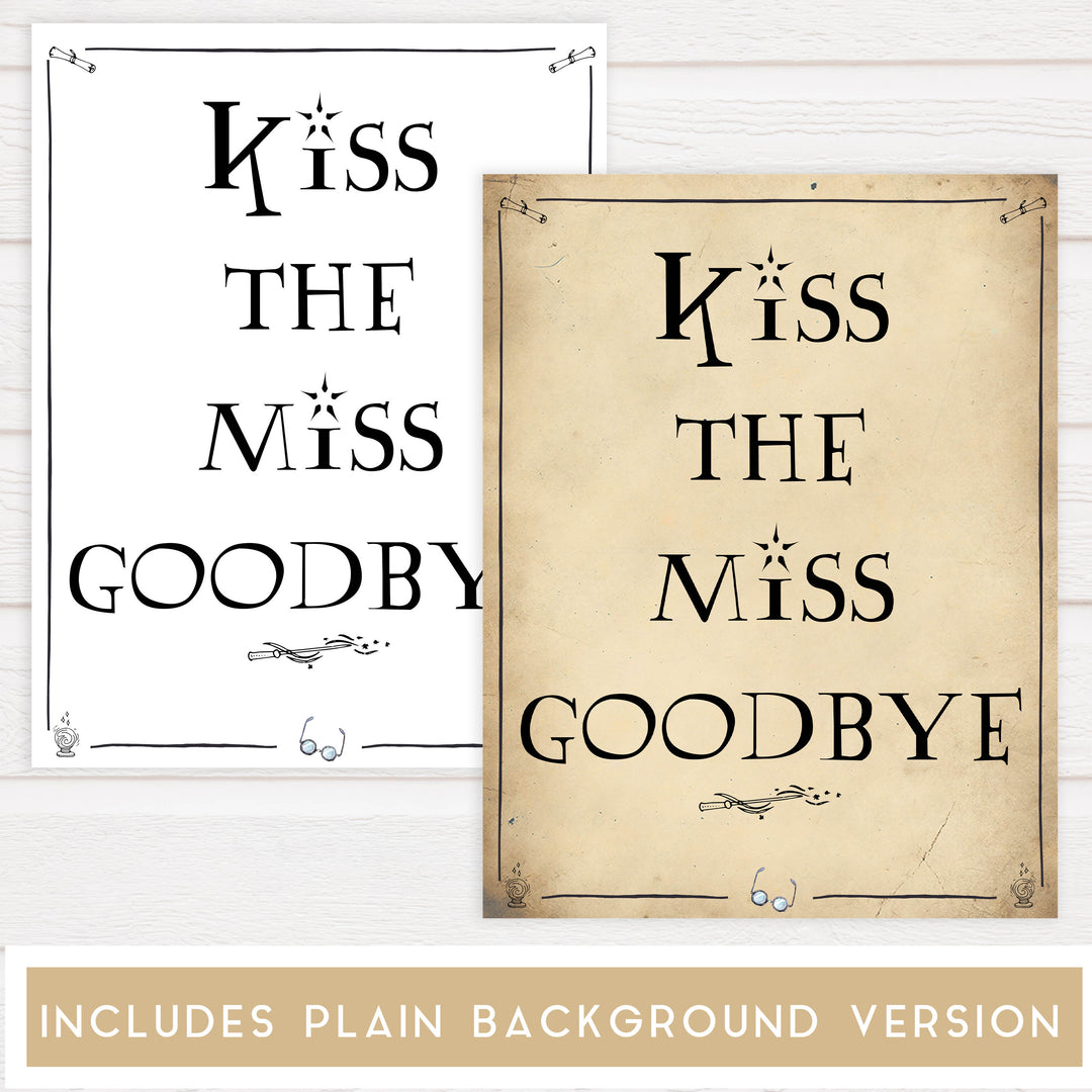 kiss the miss goodbye, bridal kiss the miss goodbye, Printable bridal shower signs, Harry Potter bridal shower decor, Harry Potter bridal shower decor ideas, fun bridal shower decor, bridal shower game ideas, Harry Potter bridal shower ideas