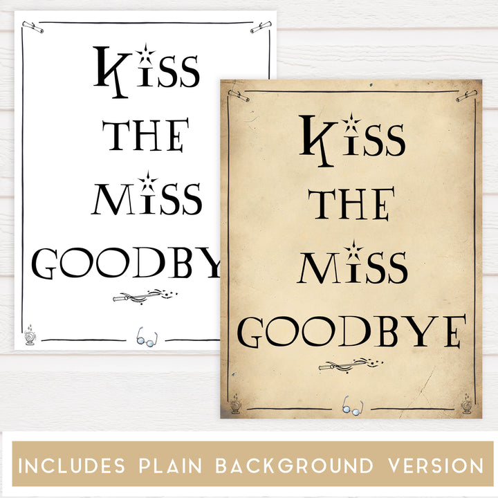 kiss the miss goodbye, bridal kiss the miss goodbye, Printable bridal shower signs, Harry Potter bridal shower decor, Harry Potter bridal shower decor ideas, fun bridal shower decor, bridal shower game ideas, Harry Potter bridal shower ideas