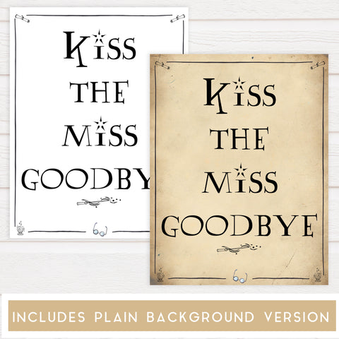 kiss the miss goodbye, bridal kiss the miss goodbye, Printable bridal shower signs, Harry Potter bridal shower decor, Harry Potter bridal shower decor ideas, fun bridal shower decor, bridal shower game ideas, Harry Potter bridal shower ideas