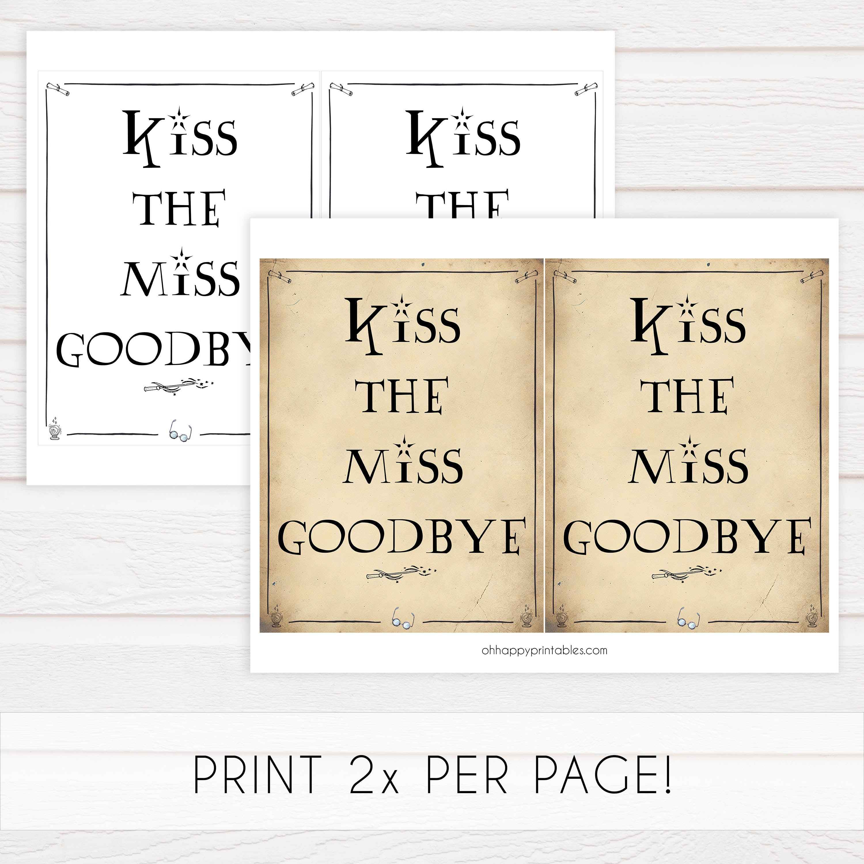 kiss the miss goodbye, bridal kiss the miss goodbye, Printable bridal shower signs, Harry Potter bridal shower decor, Harry Potter bridal shower decor ideas, fun bridal shower decor, bridal shower game ideas, Harry Potter bridal shower ideas