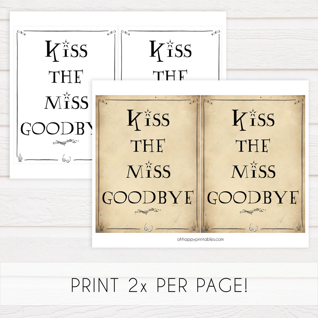 kiss the miss goodbye, bridal kiss the miss goodbye, Printable bridal shower signs, Harry Potter bridal shower decor, Harry Potter bridal shower decor ideas, fun bridal shower decor, bridal shower game ideas, Harry Potter bridal shower ideas