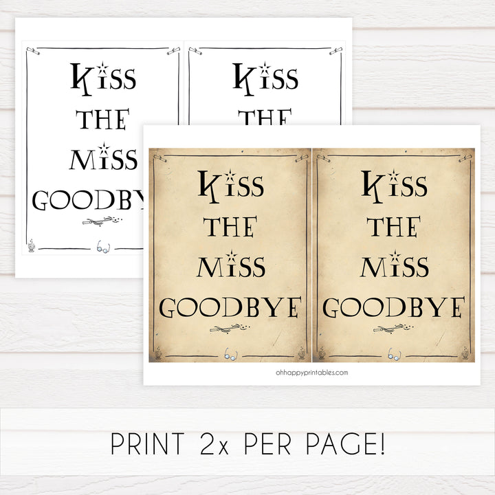 kiss the miss goodbye, bridal kiss the miss goodbye, Printable bridal shower signs, Harry Potter bridal shower decor, Harry Potter bridal shower decor ideas, fun bridal shower decor, bridal shower game ideas, Harry Potter bridal shower ideas