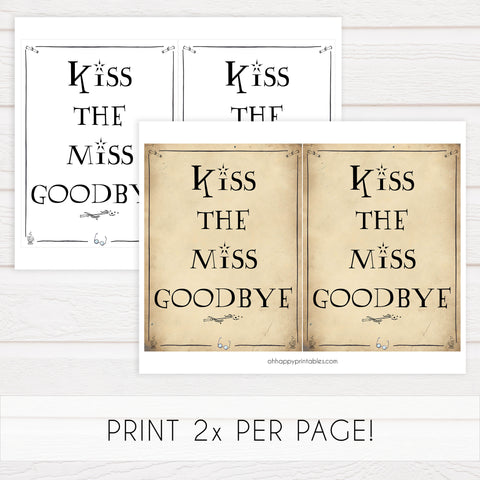 kiss the miss goodbye, bridal kiss the miss goodbye, Printable bridal shower signs, Harry Potter bridal shower decor, Harry Potter bridal shower decor ideas, fun bridal shower decor, bridal shower game ideas, Harry Potter bridal shower ideas