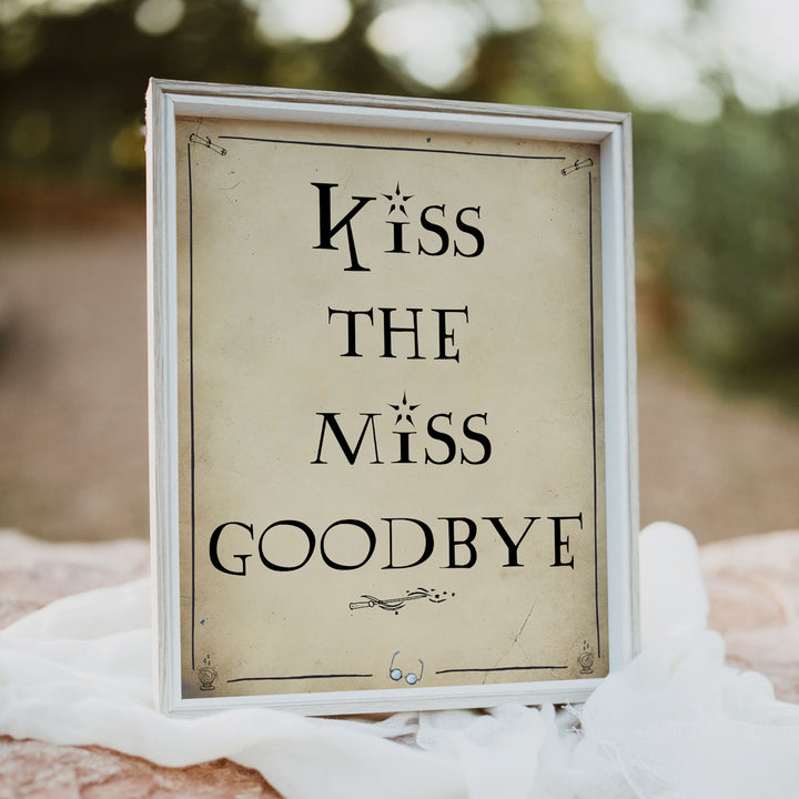 kiss the miss goodbye, bridal kiss the miss goodbye, Printable bridal shower signs, Harry Potter bridal shower decor, Harry Potter bridal shower decor ideas, fun bridal shower decor, bridal shower game ideas, Harry Potter bridal shower ideas