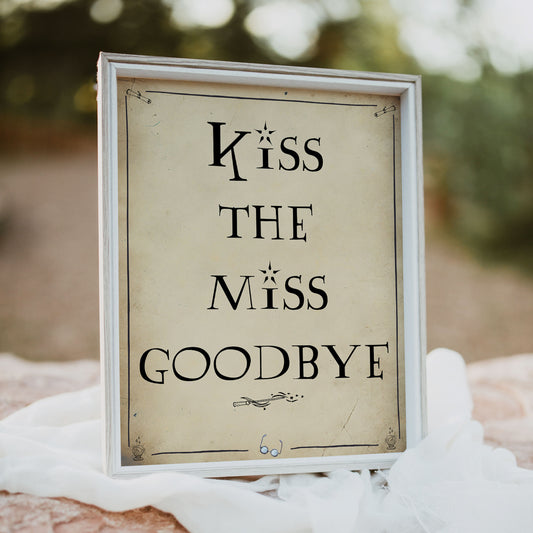 kiss the miss goodbye, bridal kiss the miss goodbye, Printable bridal shower signs, Harry Potter bridal shower decor, Harry Potter bridal shower decor ideas, fun bridal shower decor, bridal shower game ideas, Harry Potter bridal shower ideas