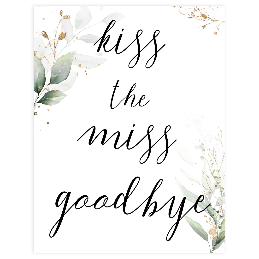 kiss the miss goodbye, Printable bridal shower games, greenery bridal shower, gold leaf bridal shower games, fun bridal shower games, bridal shower game ideas, greenery bridal shower