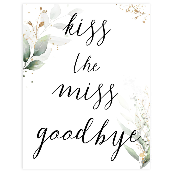 kiss the miss goodbye, Printable bridal shower games, greenery bridal shower, gold leaf bridal shower games, fun bridal shower games, bridal shower game ideas, greenery bridal shower