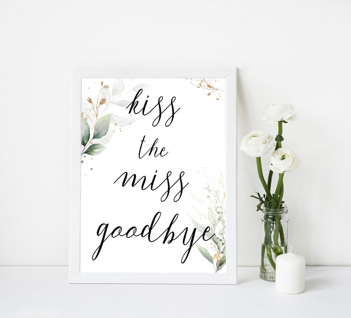 kiss the miss goodbye, Printable bridal shower games, greenery bridal shower, gold leaf bridal shower games, fun bridal shower games, bridal shower game ideas, greenery bridal shower