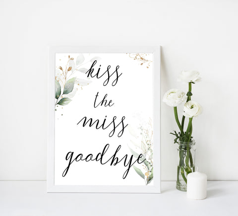 kiss the miss goodbye, Printable bridal shower games, greenery bridal shower, gold leaf bridal shower games, fun bridal shower games, bridal shower game ideas, greenery bridal shower