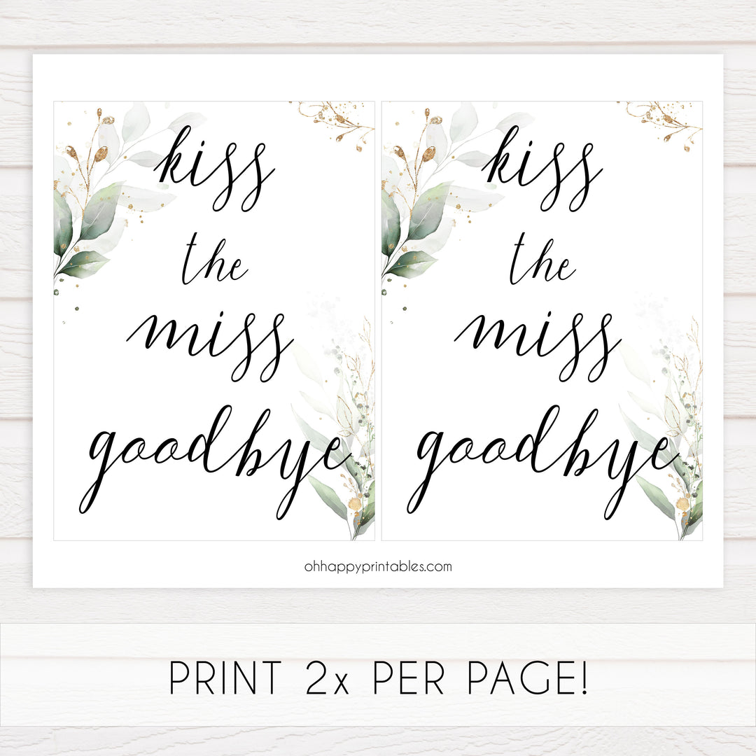 kiss the miss goodbye, Printable bridal shower games, greenery bridal shower, gold leaf bridal shower games, fun bridal shower games, bridal shower game ideas, greenery bridal shower