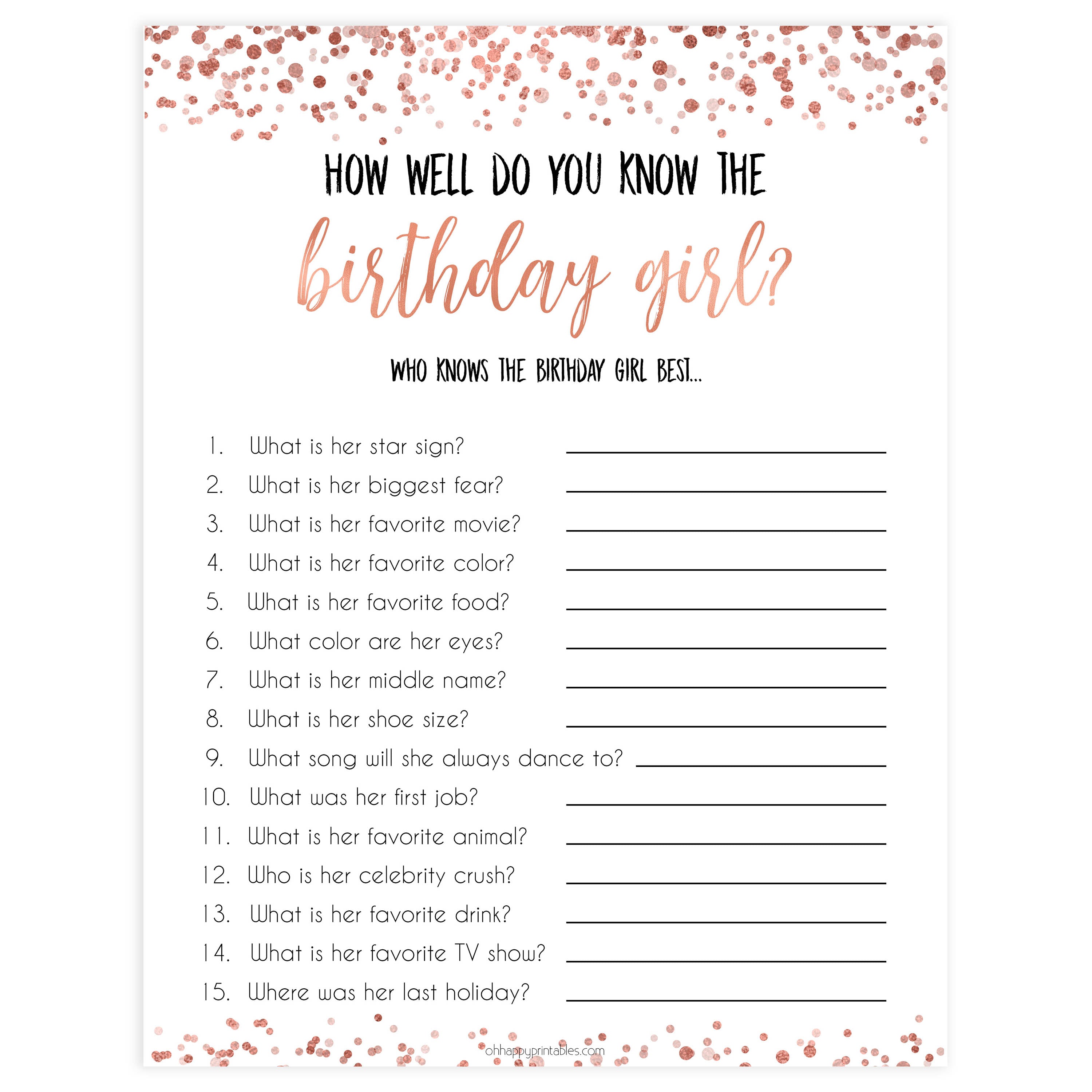how well do you know the birthday girl, printable birthday games, rose gold birthday games, adult birthday games, know the birthday girl