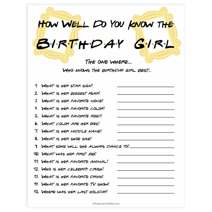 friends birthday games, how well do you know the birthday girl, printable birthday games, friends birthday, fun birthday games