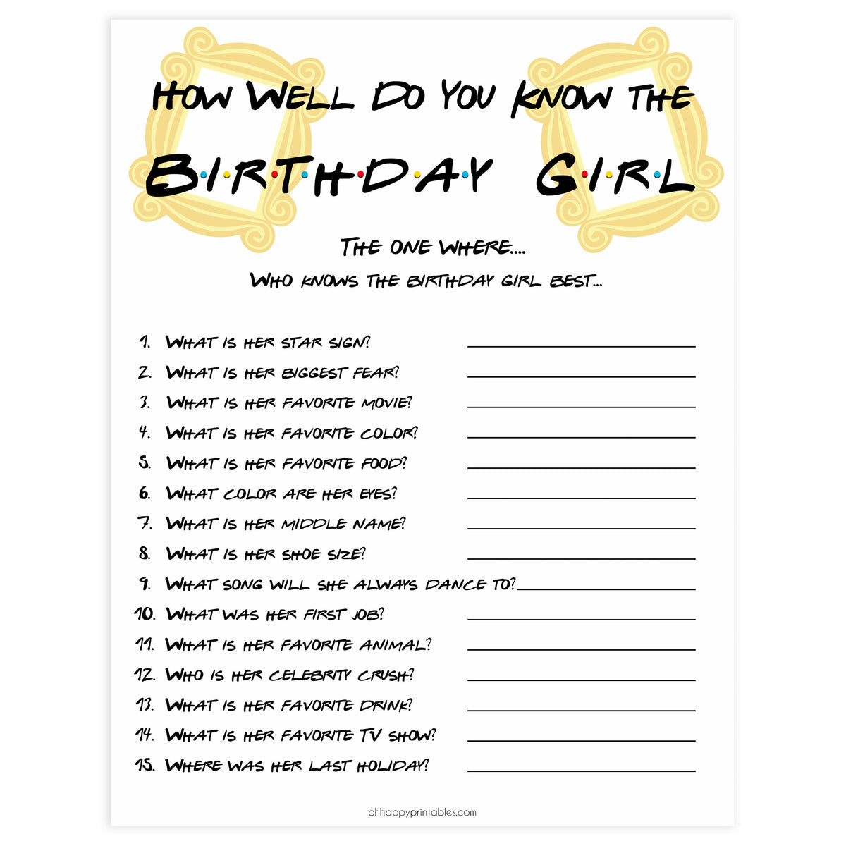 friends birthday games, how well do you know the birthday girl, printable birthday games, friends birthday, fun birthday games