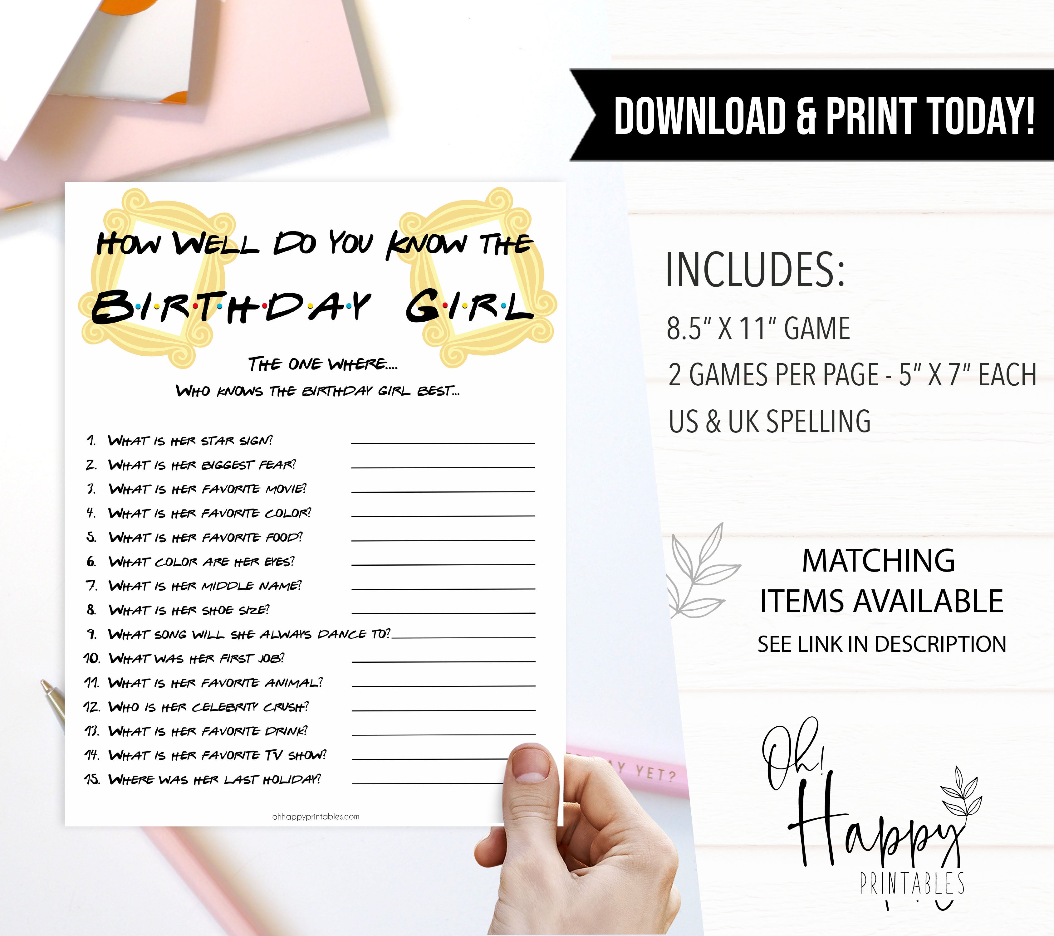 friends birthday games, how well do you know the birthday girl, printable birthday games, friends birthday, fun birthday games