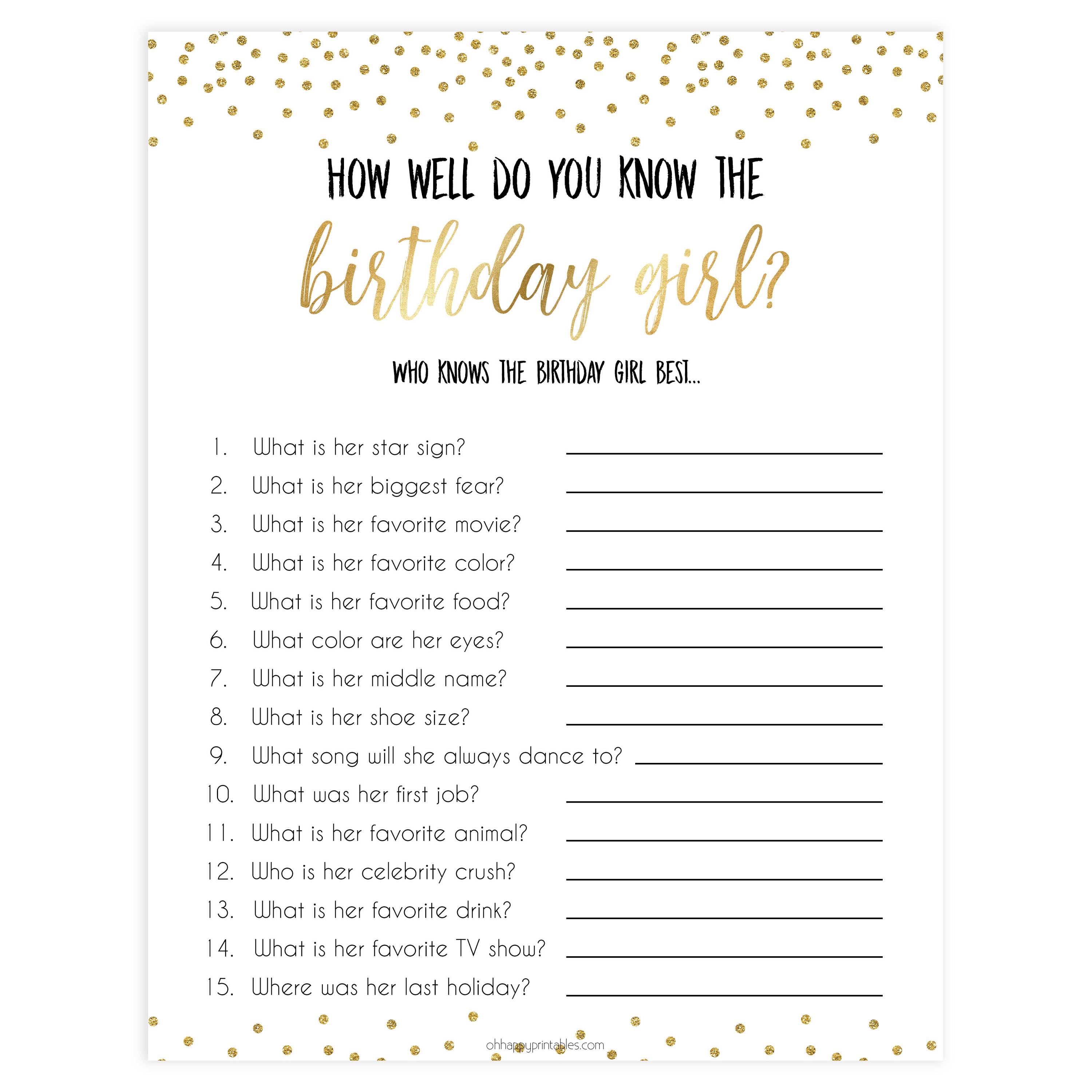 how well do you know the birthday girl, printable birthday games, gold glitter birthday game, fun birthday games, know the birthday girl