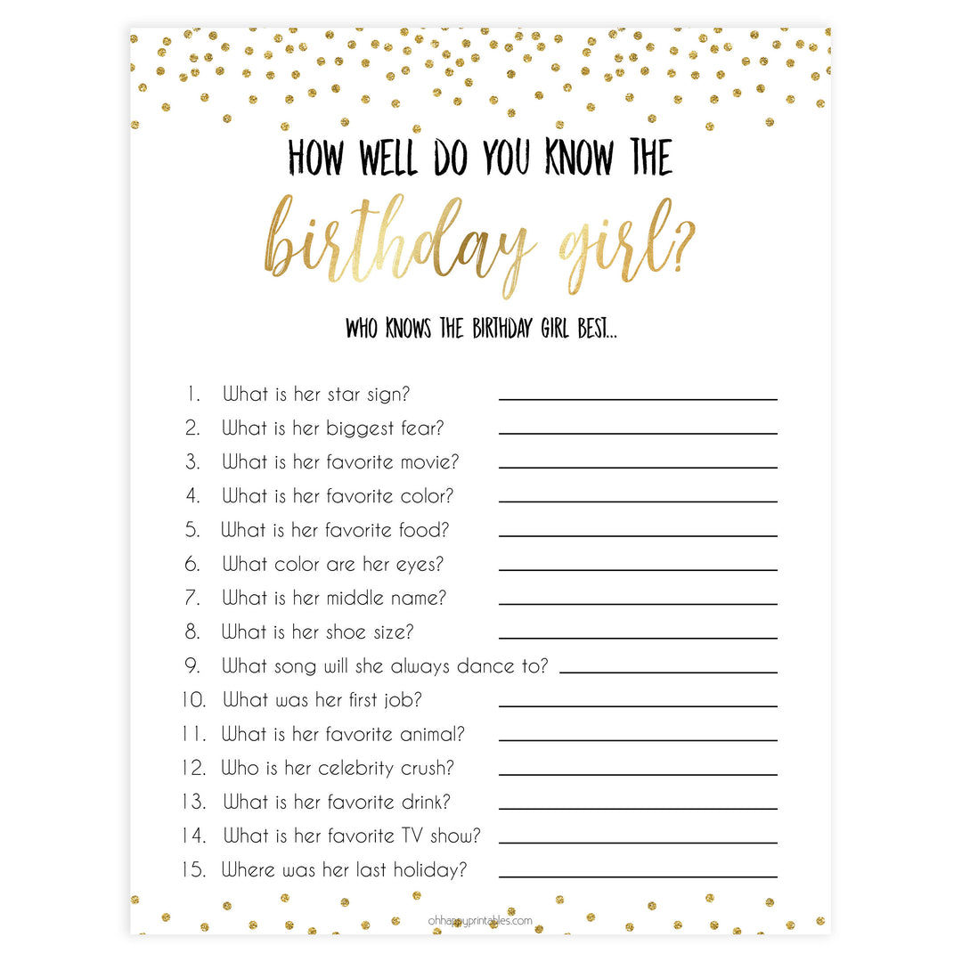 how well do you know the birthday girl, printable birthday games, gold glitter birthday game, fun birthday games, know the birthday girl