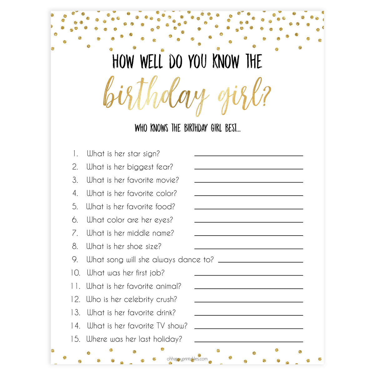 how well do you know the birthday girl, printable birthday games, gold glitter birthday game, fun birthday games, know the birthday girl