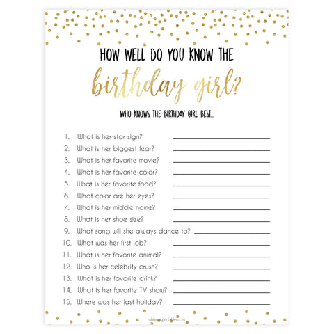 how well do you know the birthday girl, printable birthday games, gold glitter birthday game, fun birthday games, know the birthday girl