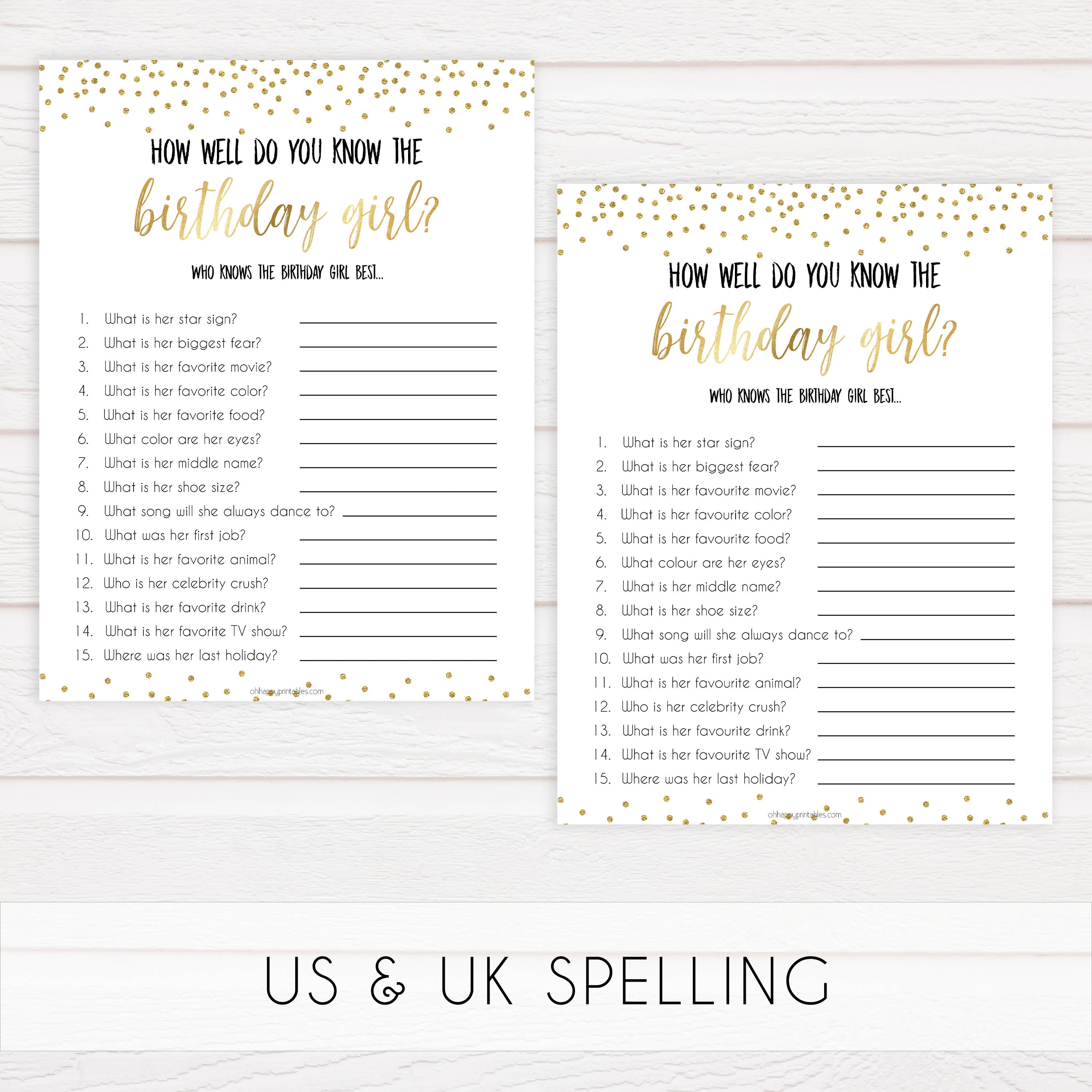 how well do you know the birthday girl, printable birthday games, gold glitter birthday game, fun birthday games, know the birthday girl
