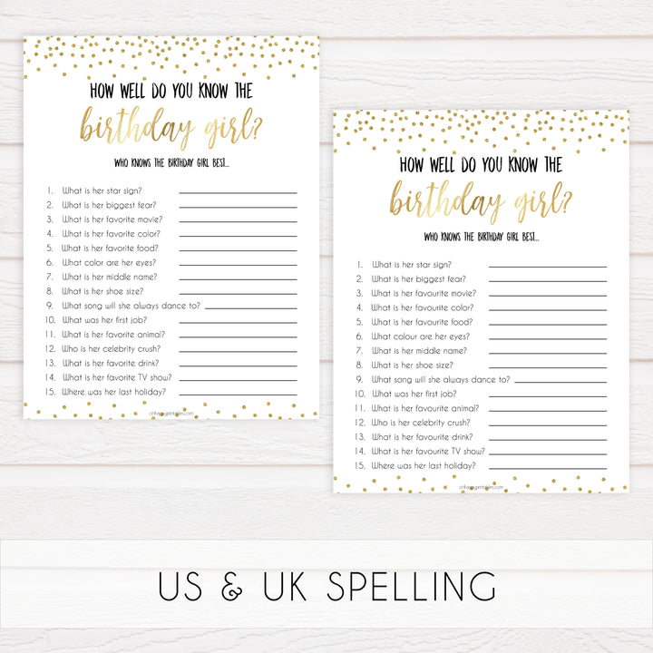 how well do you know the birthday girl, printable birthday games, gold glitter birthday game, fun birthday games, know the birthday girl