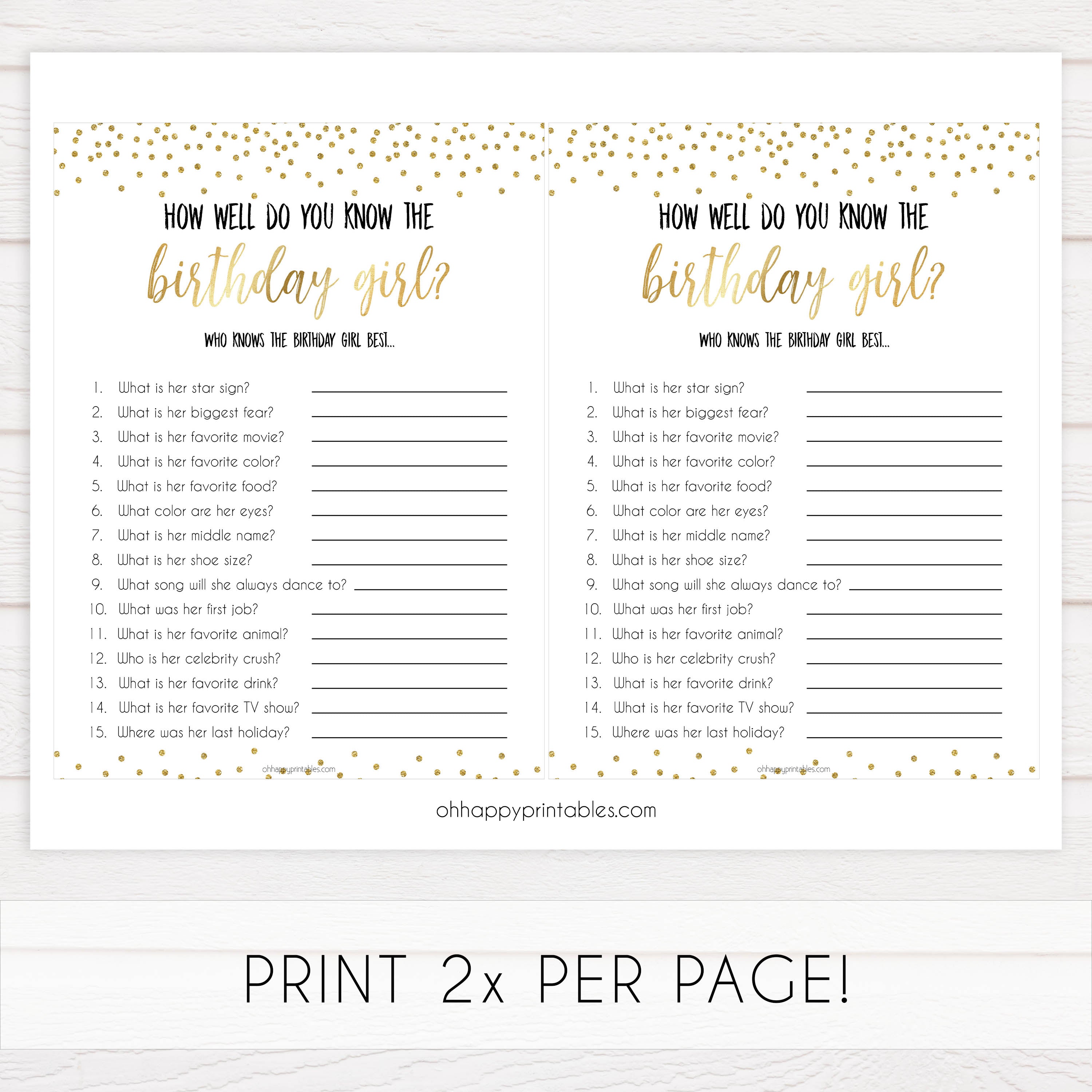 how well do you know the birthday girl, printable birthday games, gold glitter birthday game, fun birthday games, know the birthday girl
