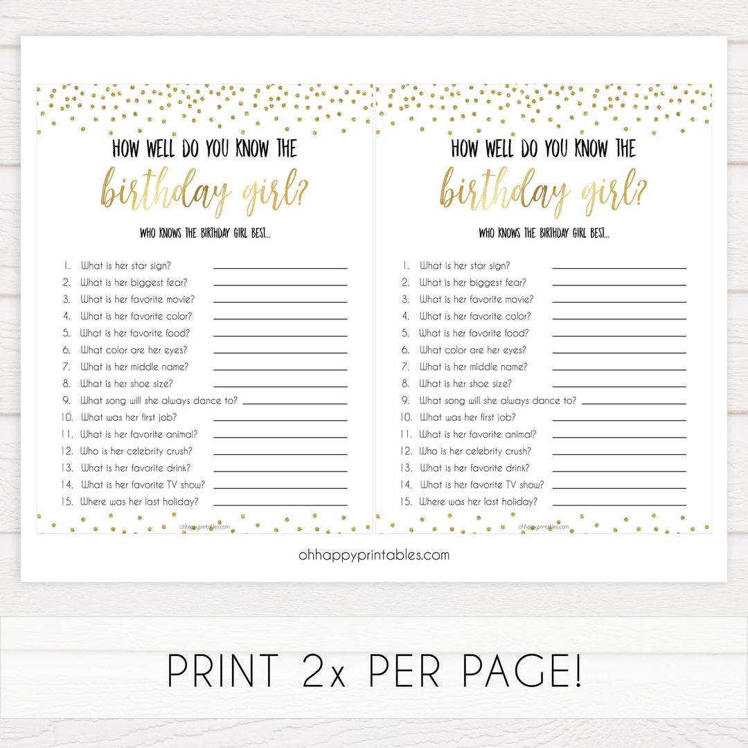 how well do you know the birthday girl, printable birthday games, gold glitter birthday game, fun birthday games, know the birthday girl