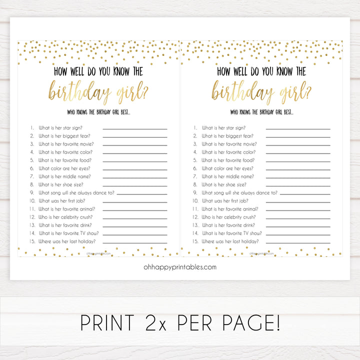 how well do you know the birthday girl, printable birthday games, gold glitter birthday game, fun birthday games, know the birthday girl
