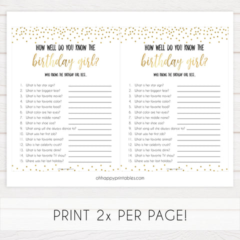 how well do you know the birthday girl, printable birthday games, gold glitter birthday game, fun birthday games, know the birthday girl
