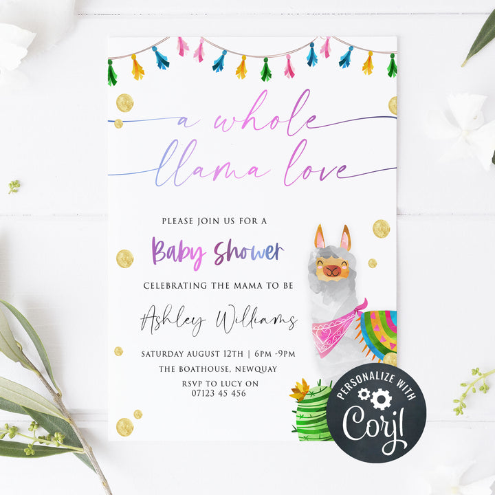 editable llama fiesta baby shower invitations, printable baby shower invitations, llama baby shower theme, llama baby shower invites