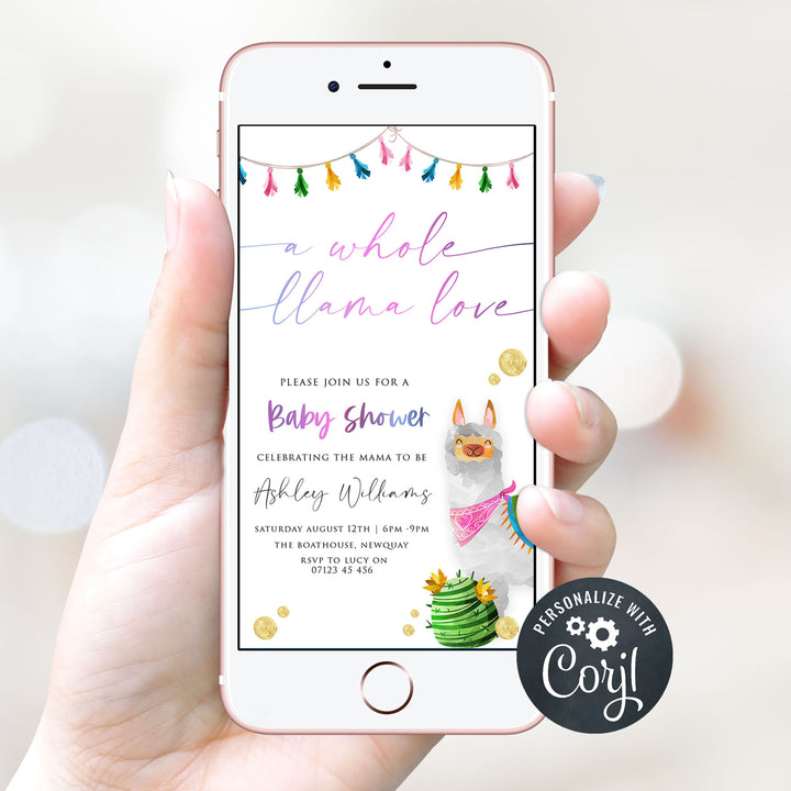 editable llama fiesta baby shower invitations, printable baby shower invitations, llama baby shower theme, llama baby shower invites