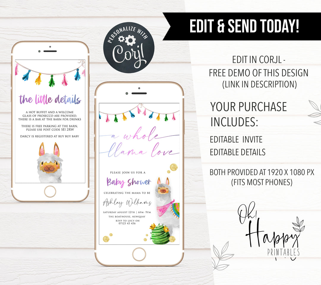 editable llama fiesta baby shower invitations, printable baby shower invitations, llama baby shower theme, llama baby shower invites