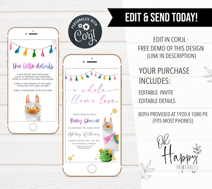 editable llama fiesta baby shower invitations, printable baby shower invitations, llama baby shower theme, llama baby shower invites