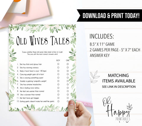 old wives tales baby game, Printable baby shower games, greenery baby shower games, fun floral baby games, botanical baby shower games,